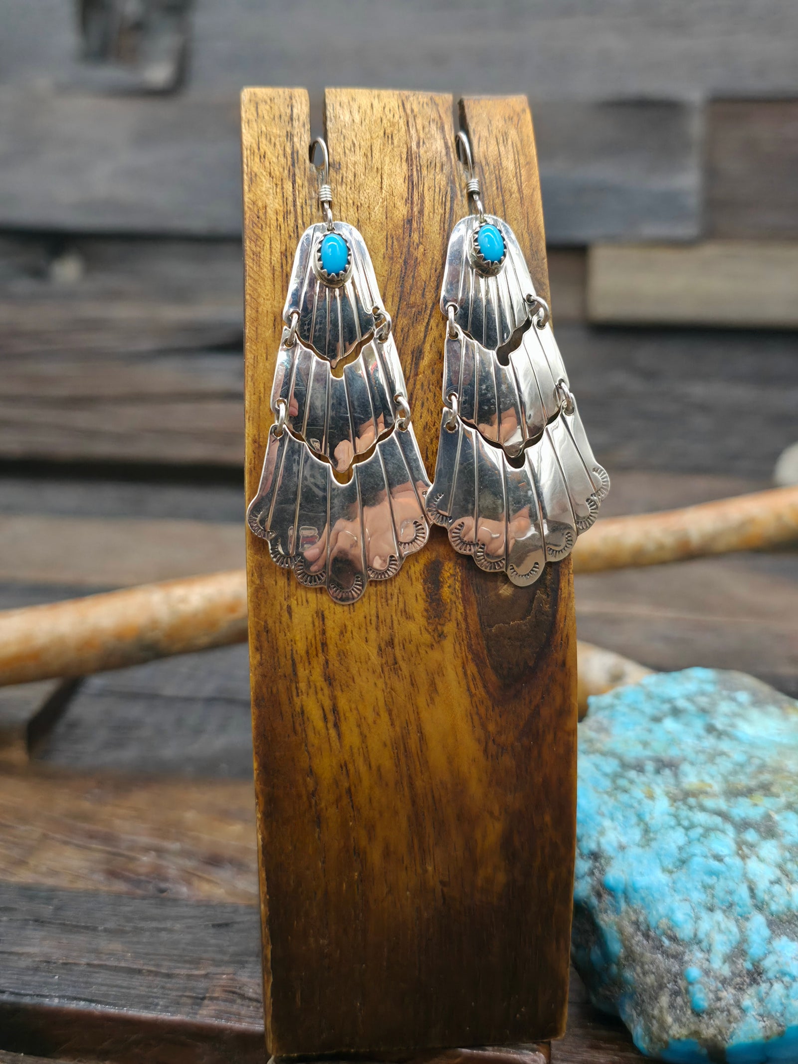 Sterling Silver Turquoise Hinged Fan Earrings by Annie Spencer - 2 1/2 in. by 1 in.