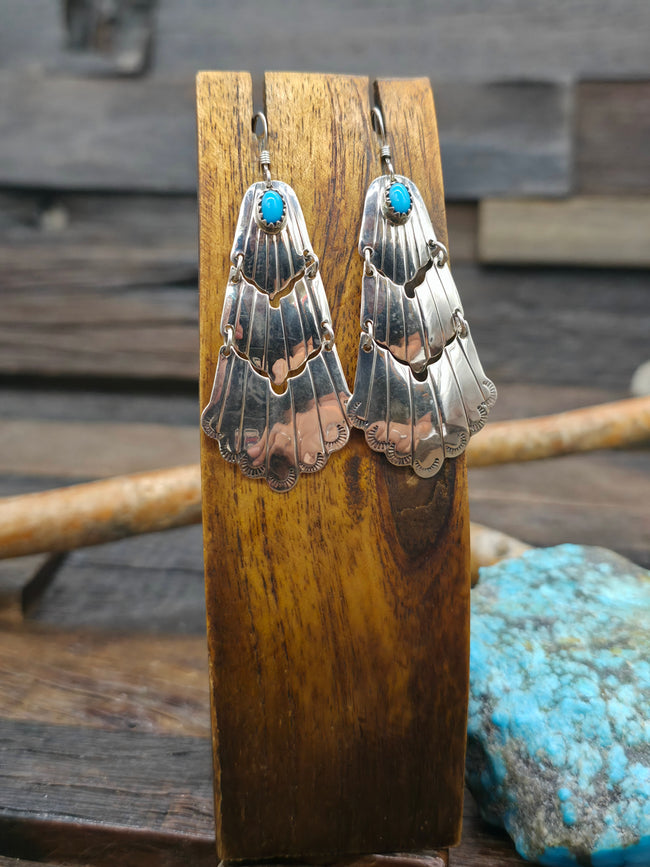 Sterling Silver Turquoise Hinged Fan Earrings by Annie Spencer - 2 1/2 in. by 1 in.