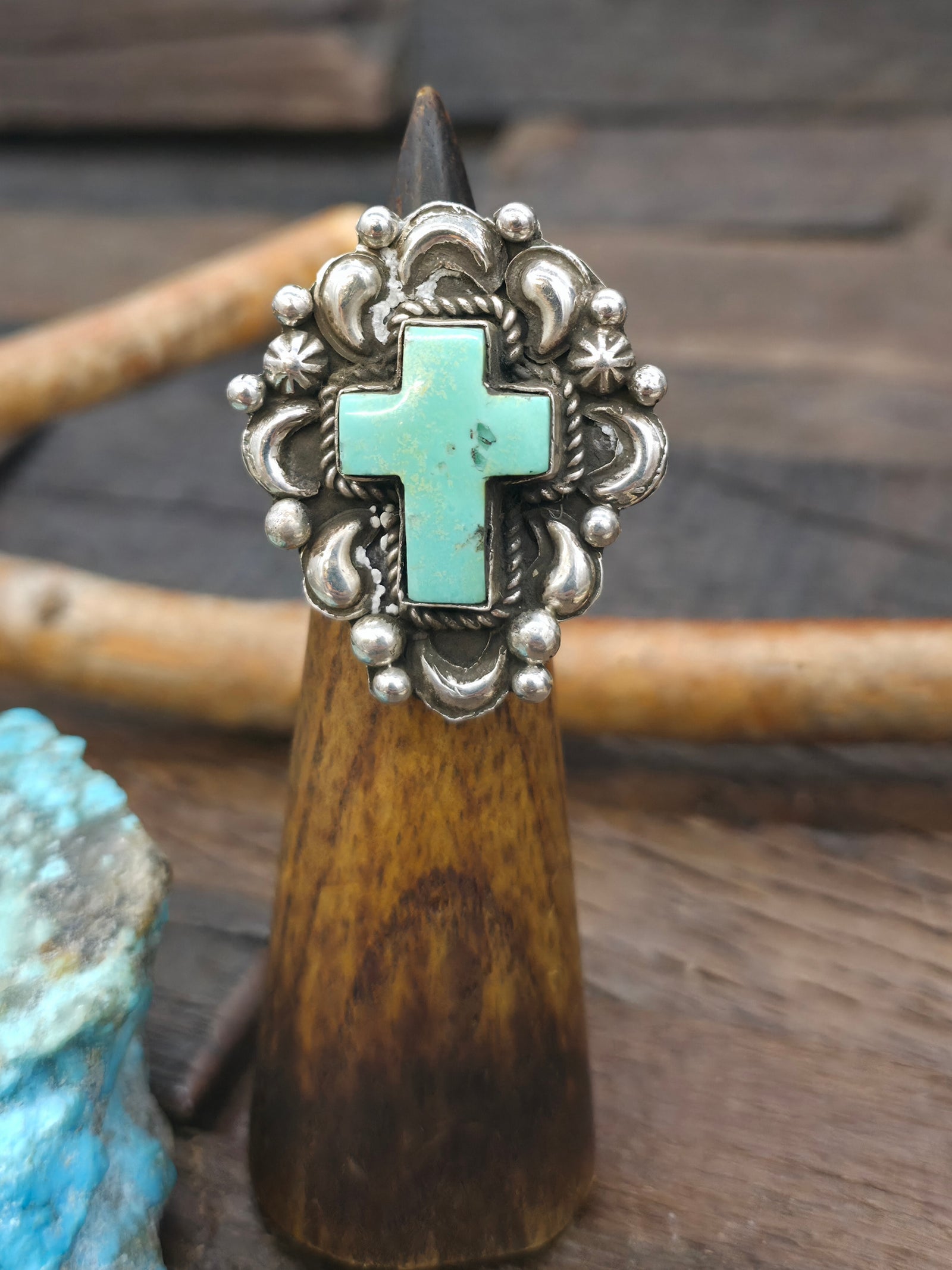 Repousse Stamped Sterling Silver Green Turquoise Cross Ring by Richard Jim - Adjustable