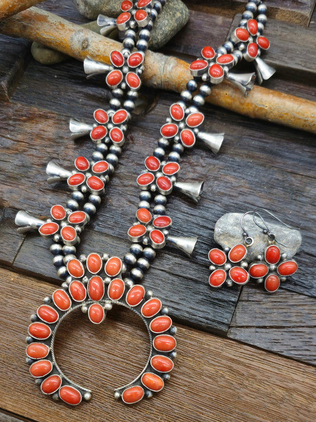 Coral Squash Blossom Sterling Silver Necklace and Earring Set by Blaine Yellowhorse