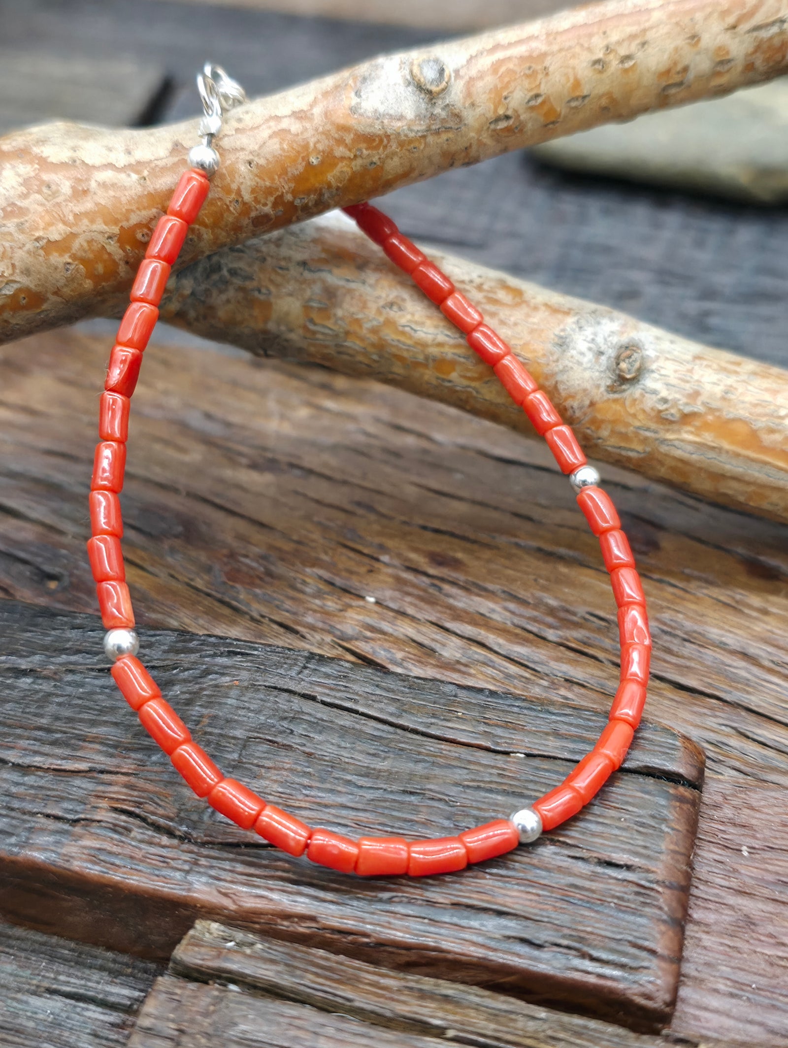 Coral and Sterling Silver Bead Bracelet - 7 1/2 in.