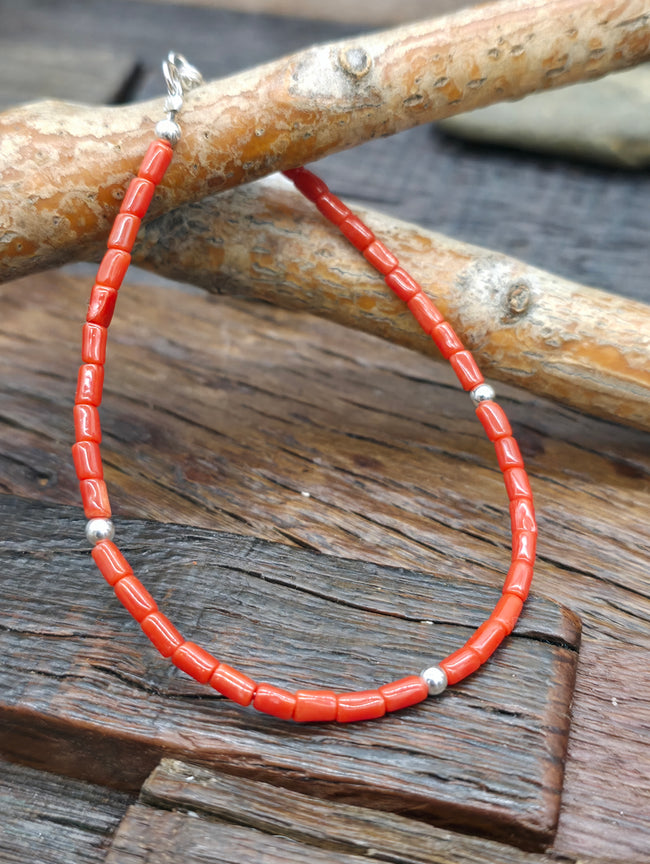 Coral and Sterling Silver Bead Bracelet - 7 1/2 in.