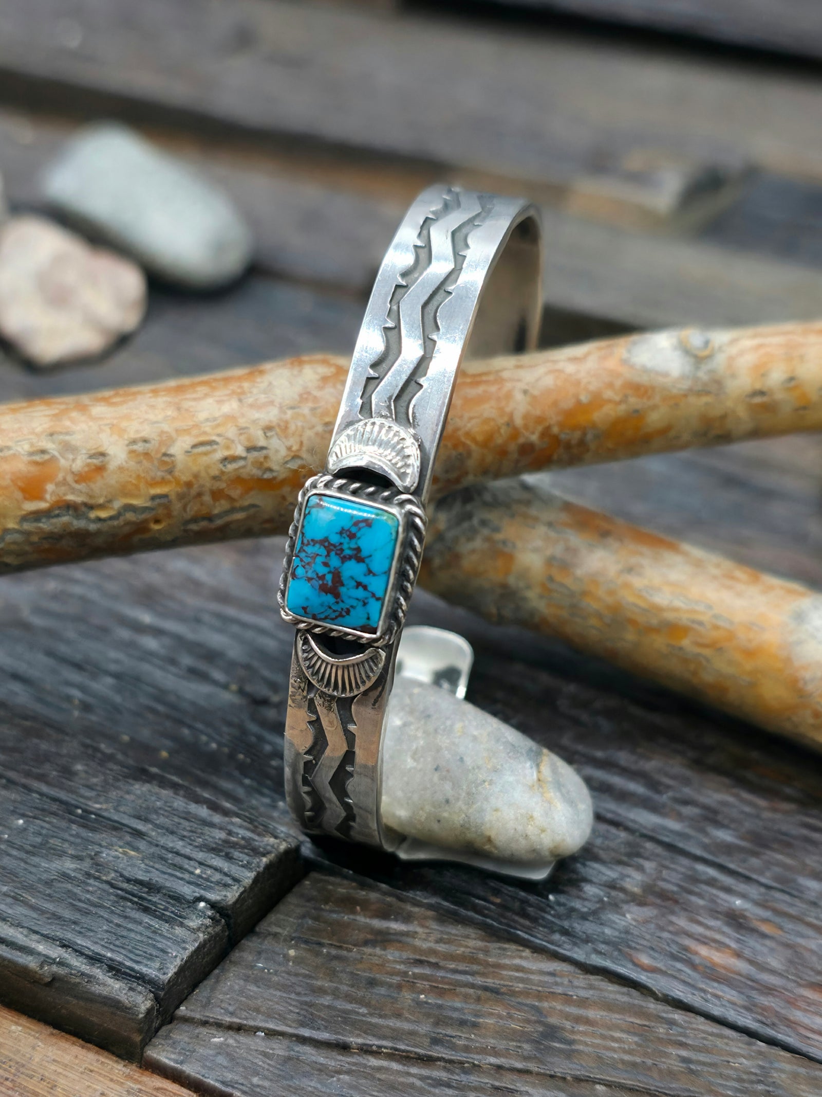 Stamped Sterling Silver and Turquoise Cuff by Sunshine Reeves - 6 1/2 in.