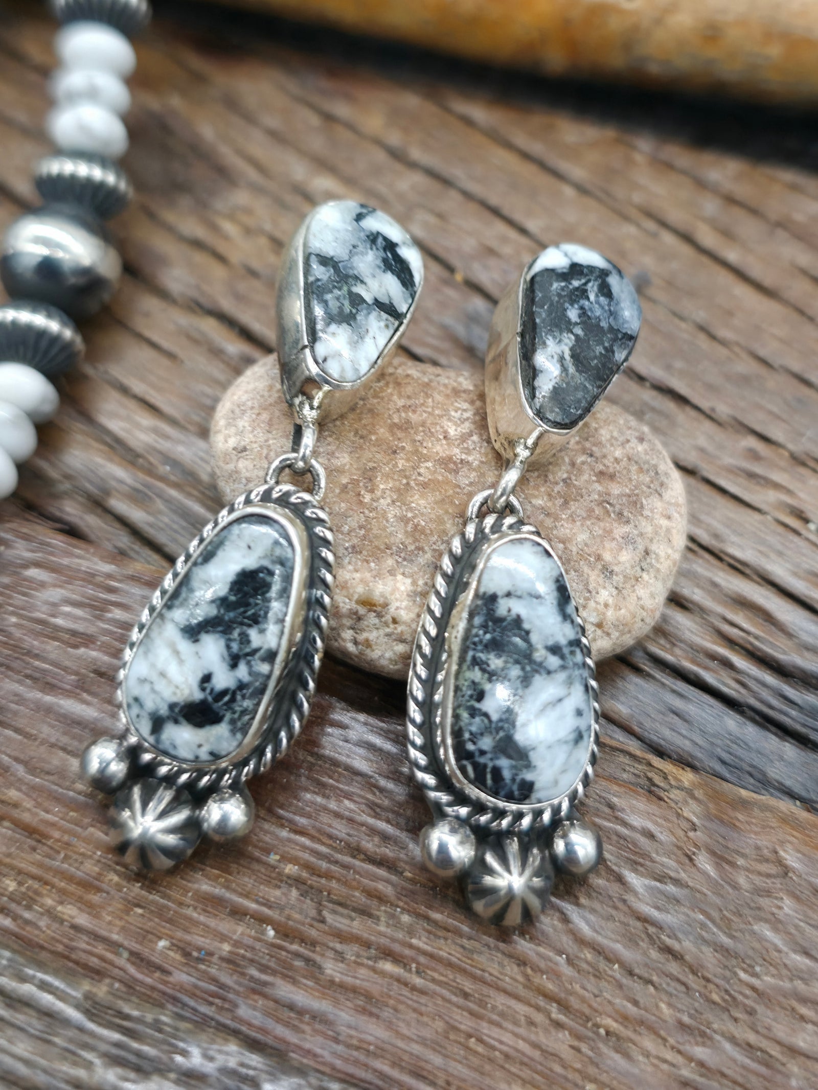 Sterling Silver White Buffalo Necklace and Earring Set by Linda Yazzie - 20 in.