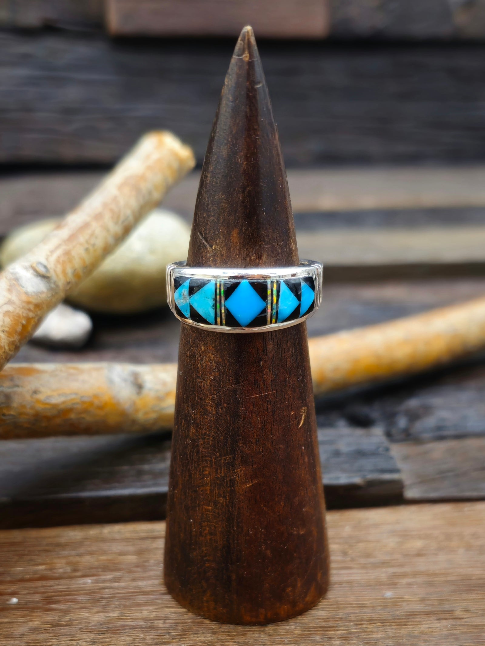Blue Turquoise, Onyx, and Opal Inlay Sterling Silver Ring by Rick T. - Size 10