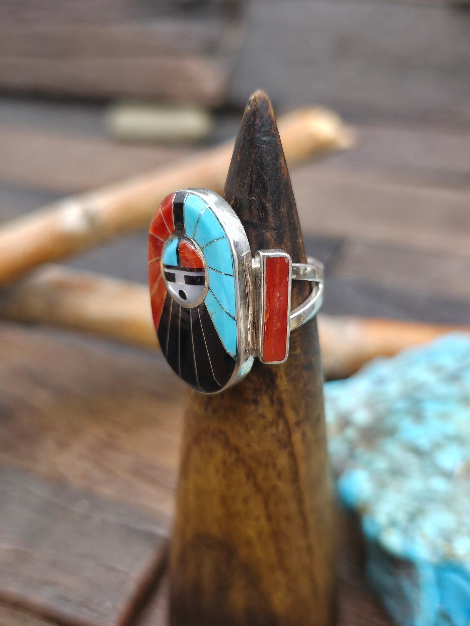 Zuni Inlay Sun Face Ring with Coral Turquoise and Jet by Don Dewa - Size 6