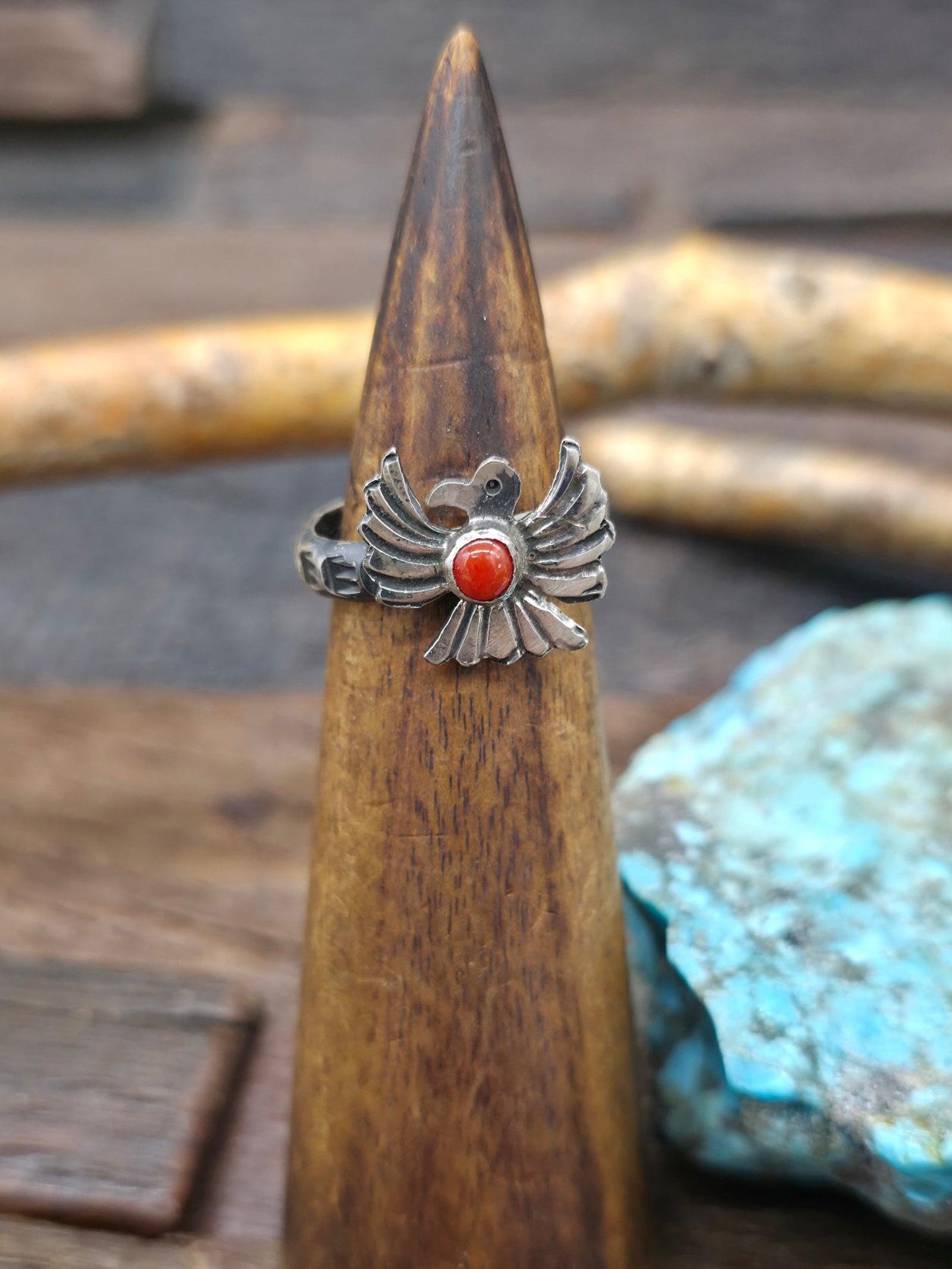 Sterling Silver Coral Thunderbird Ring by Sunshine Reeves - Size 8