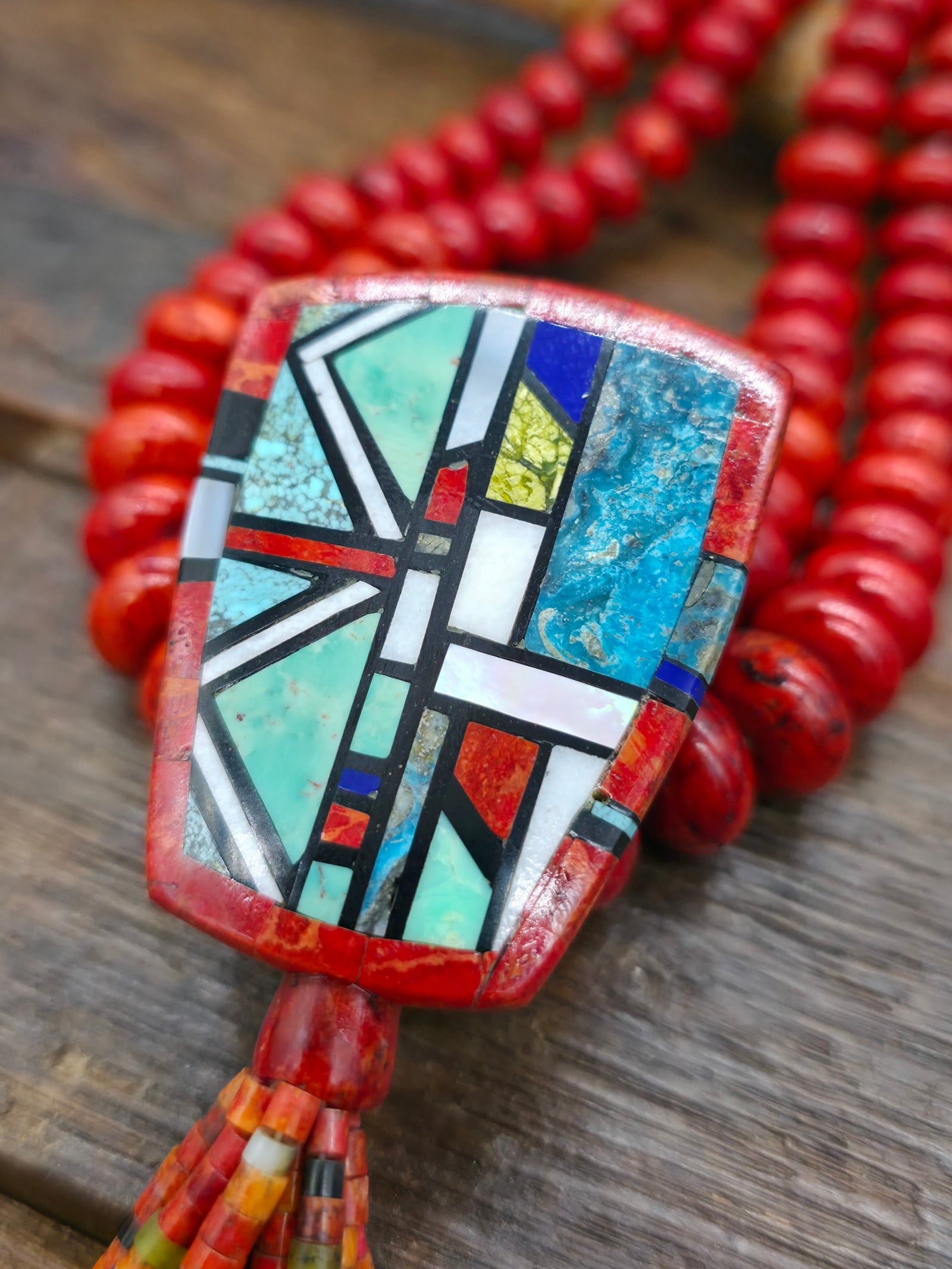 Two Strand Apple Coral Necklace with Multistone Inlay Pendant by Chris Nieto - 26 in.