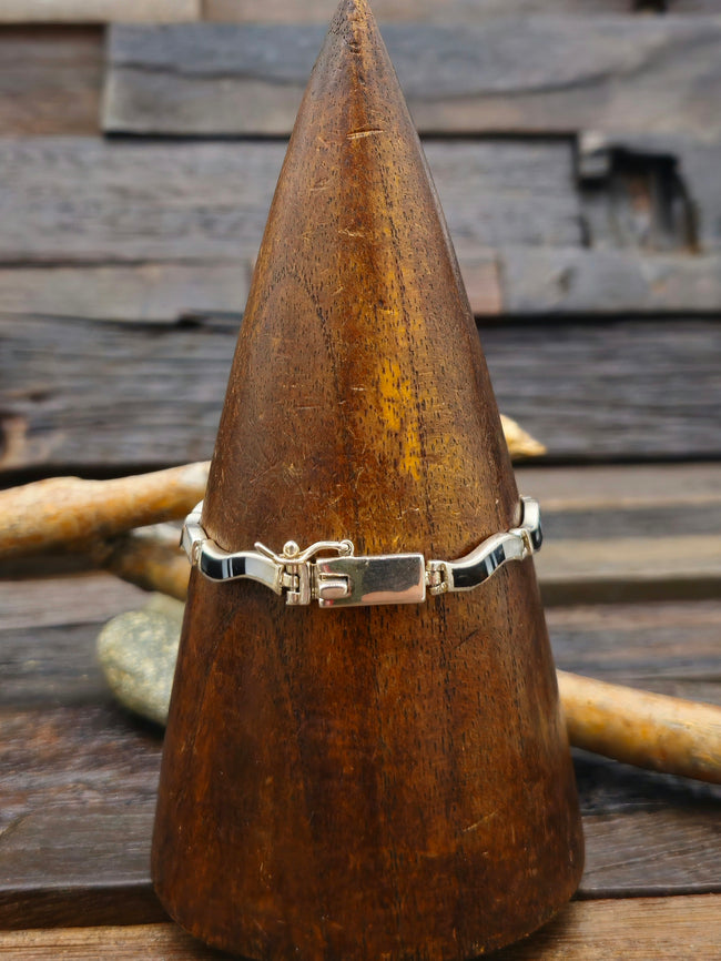Mother of Pearl and Onyx Sterling Silver Inlay Link Bracelet - 7 1/2 in.