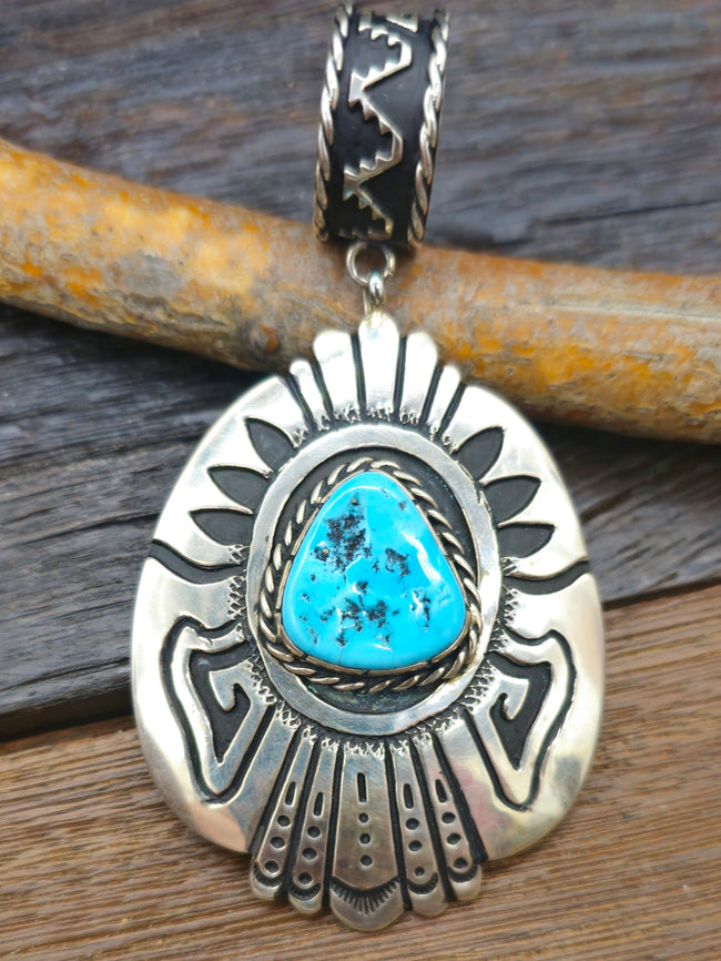 Large Stamped Sterling Silver Overlay Pendant with Turquoise by Rose Singer