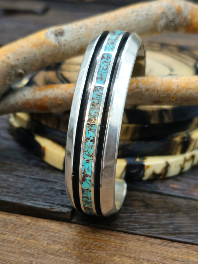Sterling Silver and Turquoise Channel Inlay Bracelet by Larry Loretto 7 1/4 in