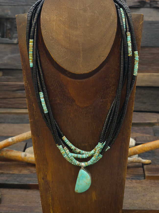 Five Strand Turquoise and Jet Heishi Necklace with Turquoise Pendant by Fred Archuleta - 19 in w/ 6 in extender