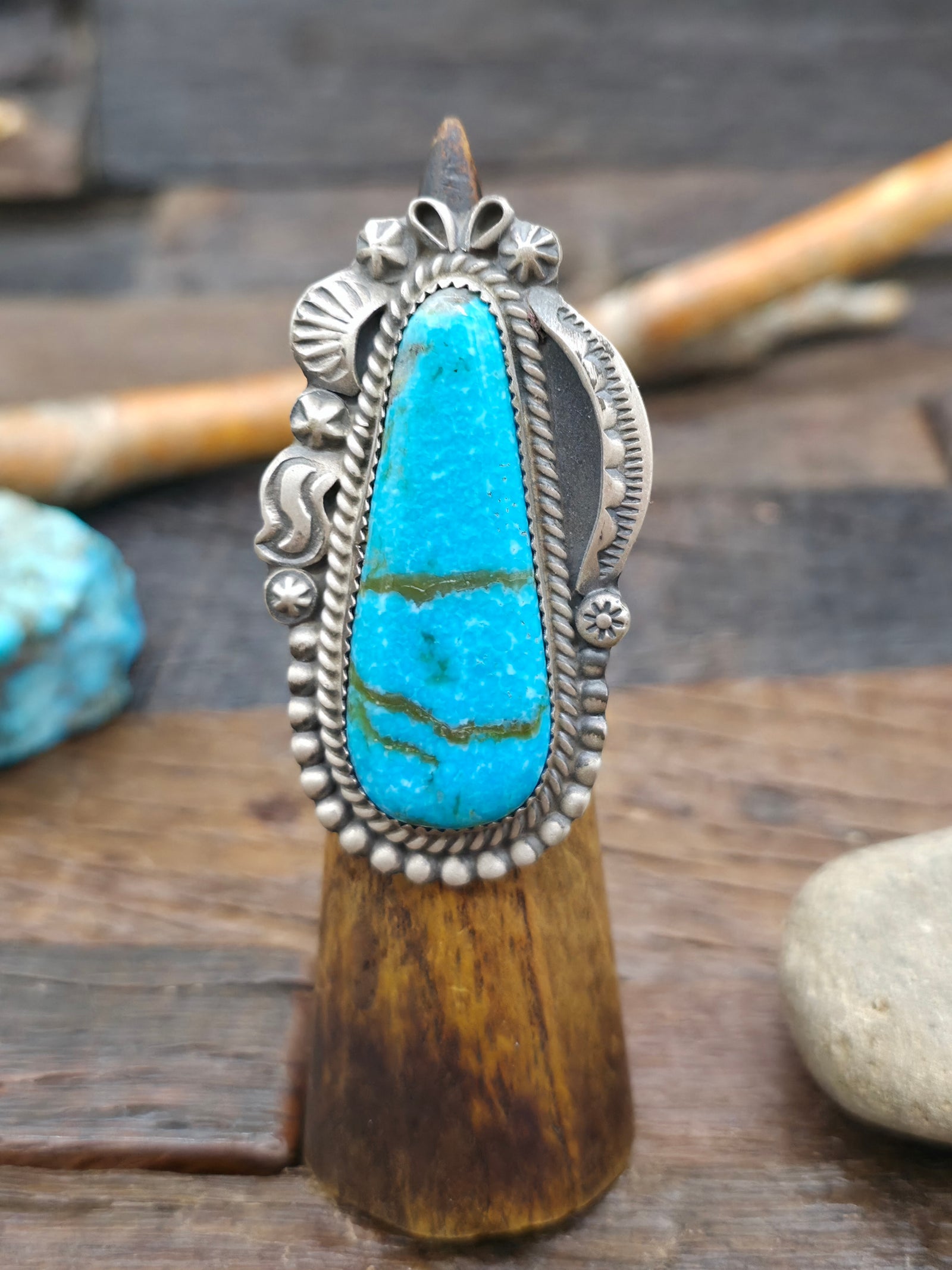 Stamped Sterling Silver Turquoise Statement Ring by Leslie Nez - Size 10