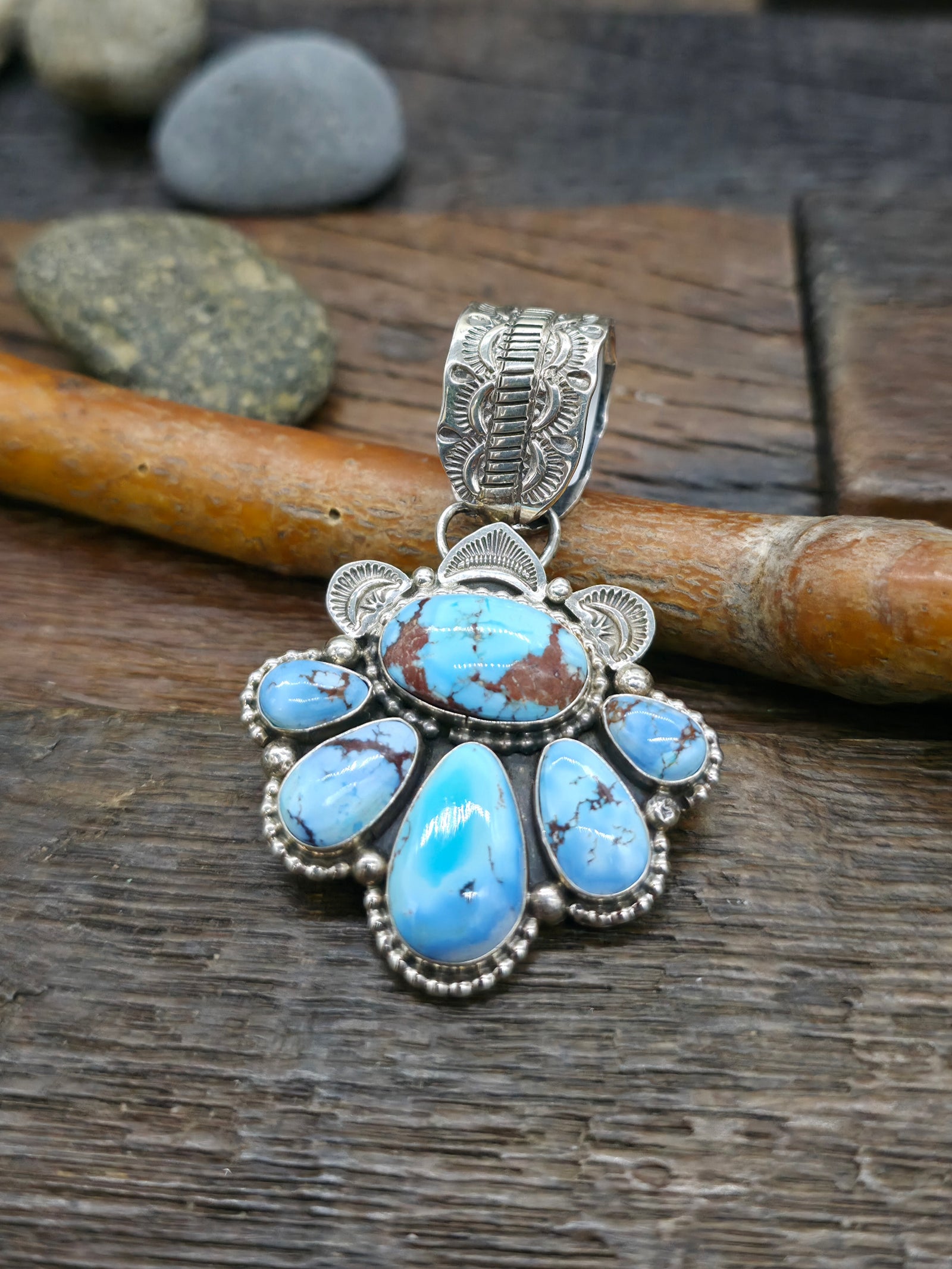 Stamped Sterling Silver Golden Hills Turquoise Pendant by E. Wylie - 2 1/2 in. by 1 1/2 in.
