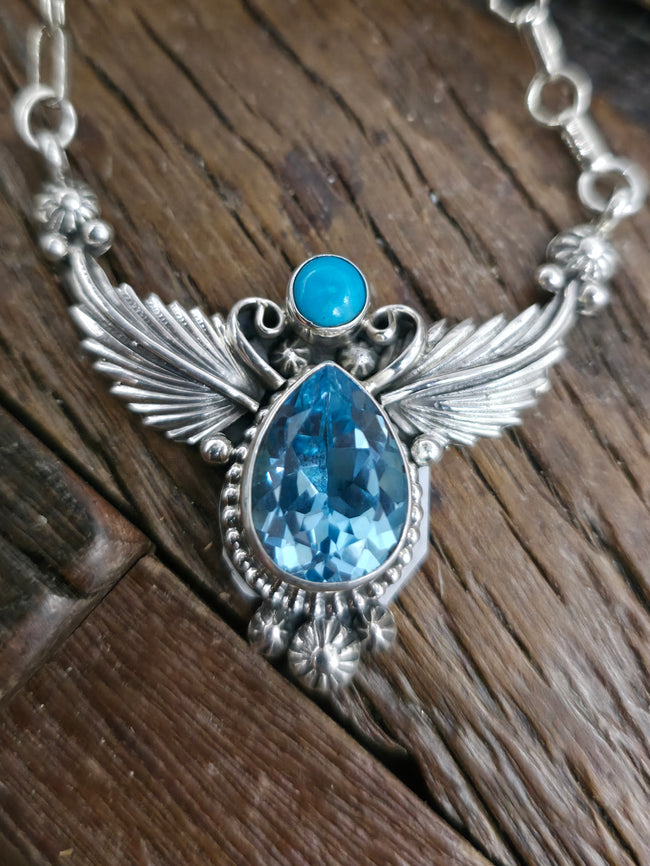 Sterling Silver Blue Topaz and Turquoise Necklace by Mark Yazzie - 20 in.
