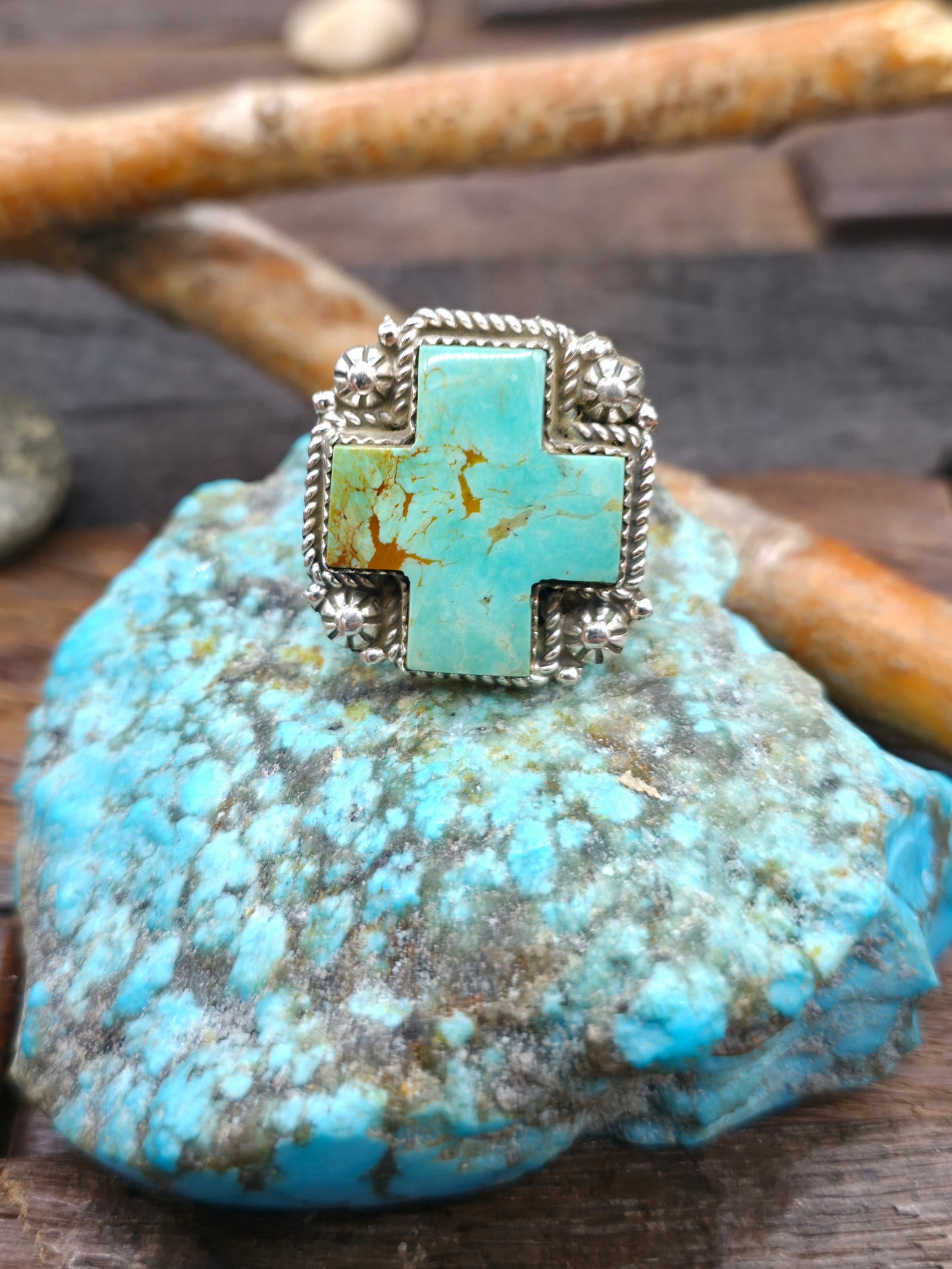 Campitos Turquoise Sterling Silver Santa Fe Cross Statement Ring by Richard Jim - Size 6 1/2