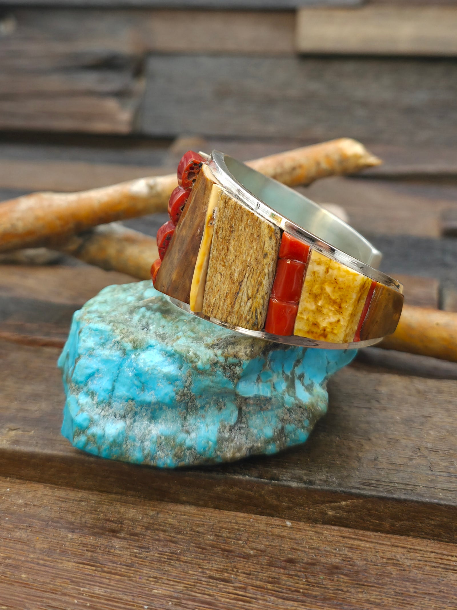 Sterling Silver Cobblestone Inlay Cuff with Coral and Fossil Ivory by Walter Vandever - 6 3/4 in. with Gap