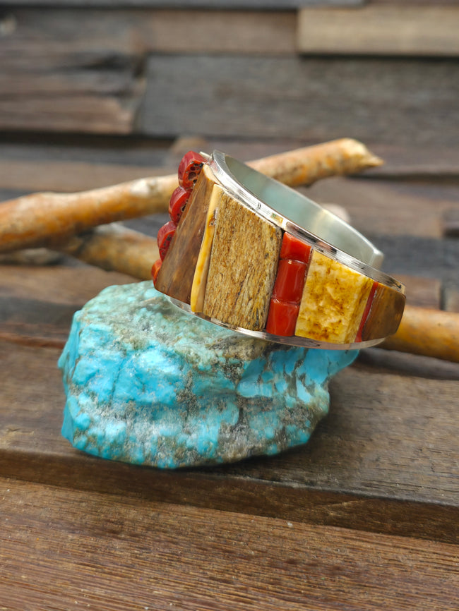 Sterling Silver Cobblestone Inlay Cuff with Coral and Fossil Ivory by Walter Vandever - 6 3/4 in. with Gap