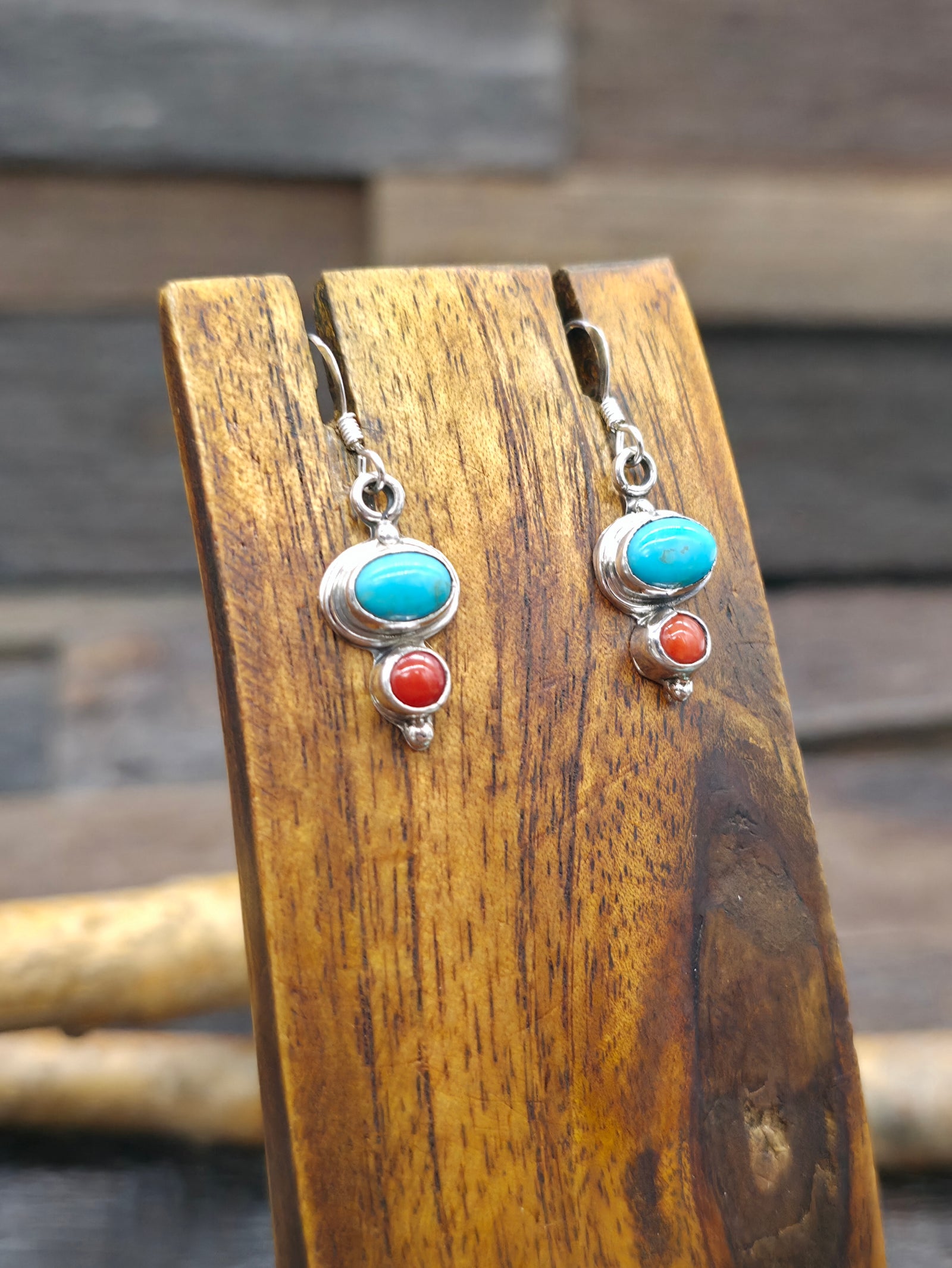 Sterling Silver, Turquoise, and Coral Hook Earrings by Gary Shorty