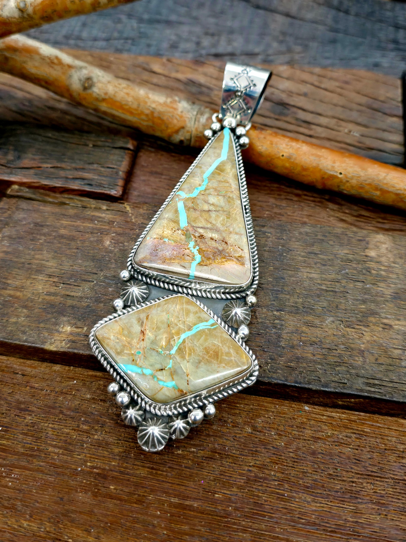 Sterling Silver Two Stone Boulder Turquoise Pendant by Rosella Paxton - 5 1/4 in. by 2 in.