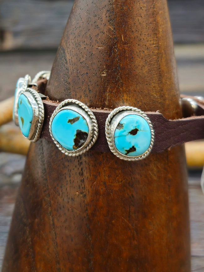 Seven Stone Turquoise Leather Buckle Bracelet