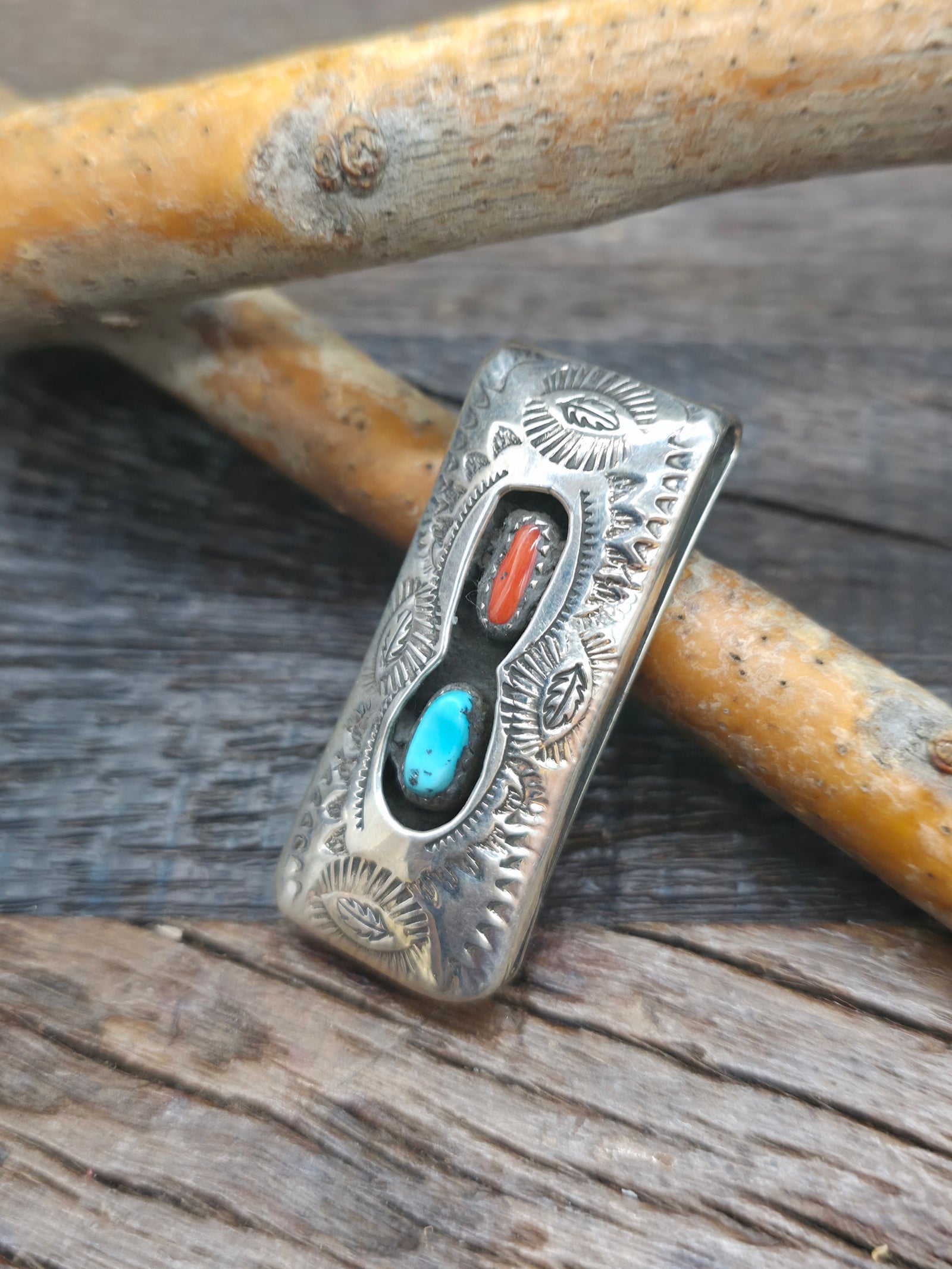 Sterling Silver Turquoise and Coral Shadowbox Money Clip by Shirley Skeets - Designs Vary - 2 in. by 3/4 in.