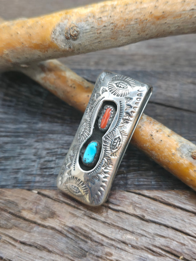 Sterling Silver Turquoise and Coral Shadowbox Money Clip by Shirley Skeets - Designs Vary - 2 in. by 3/4 in.