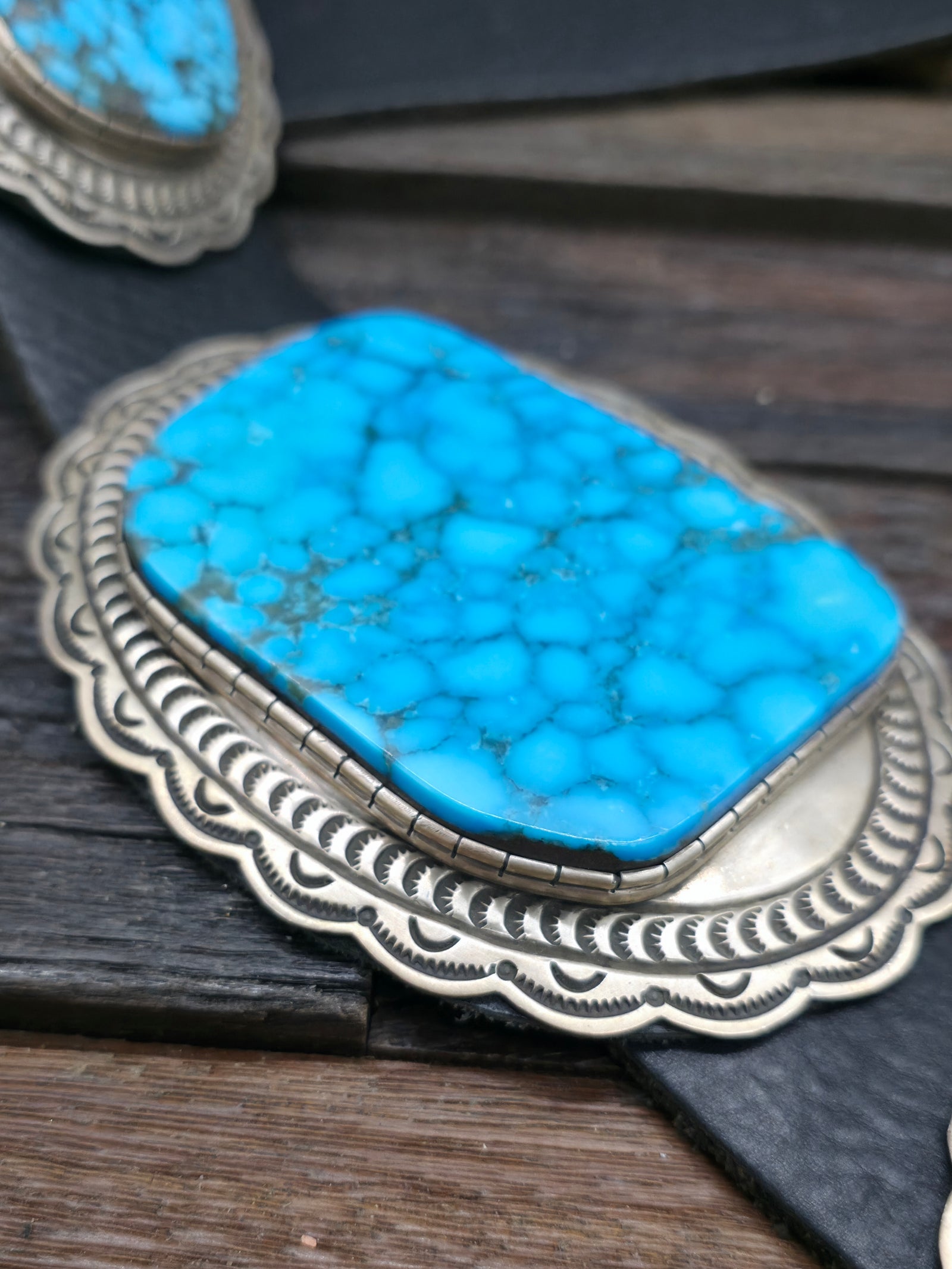 Stamped Sterling Silver Kingman Turquoise Concho Belt by Delbert Delgarito - 60 in.