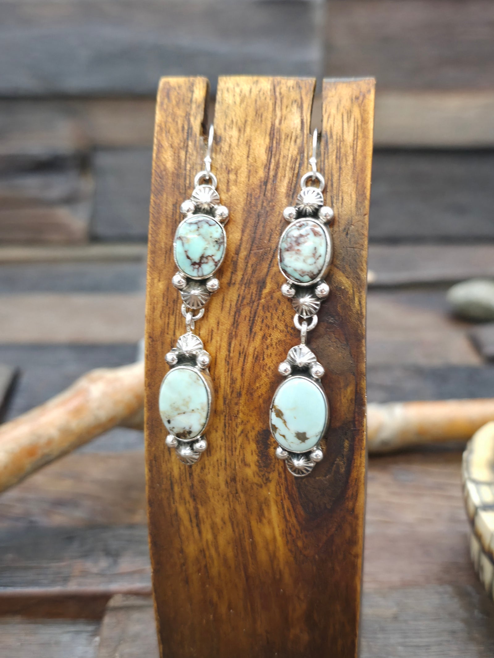 Sterling Silver Two Stone Dry Creek Turquoise Earrings by Rosella Paxton