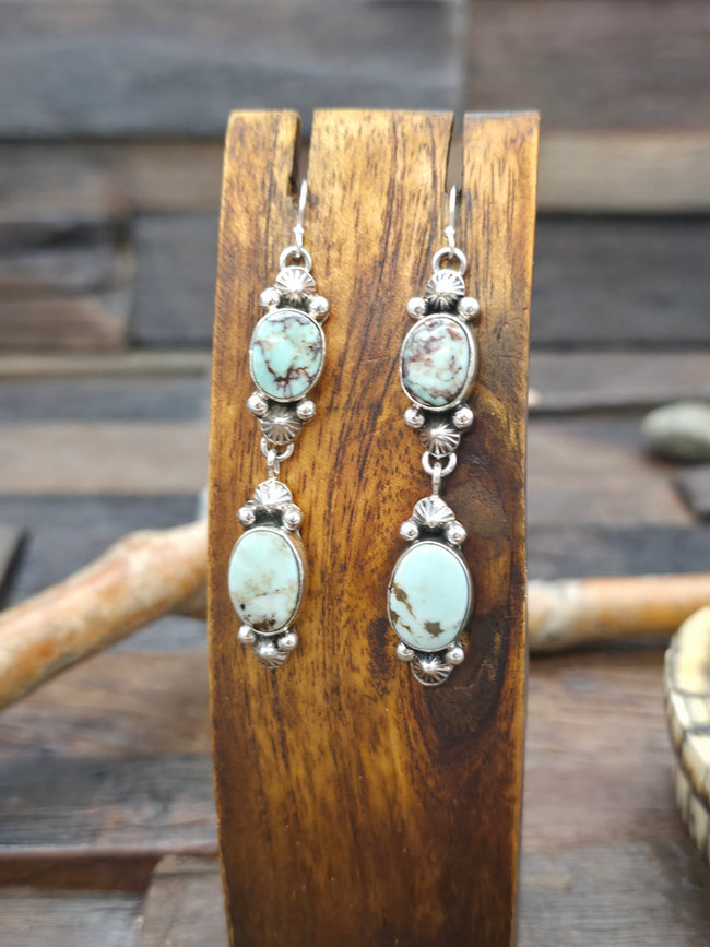 Sterling Silver Two Stone Dry Creek Turquoise Earrings by Rosella Paxton