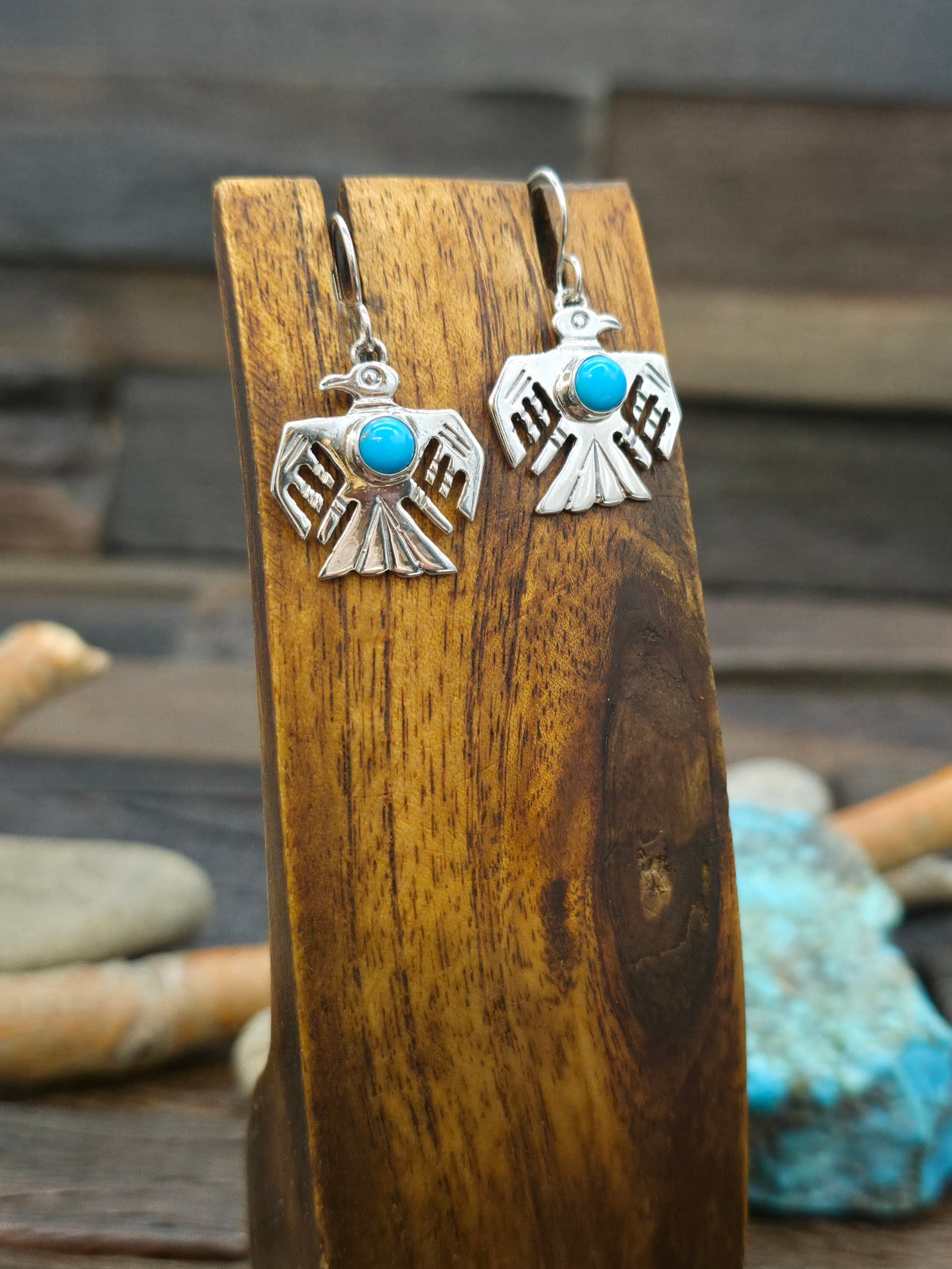Sterling Silver Thunderbird Earrings with Sleeping Beauty Turquoise - 1 3/8 in. by 3/4 in.