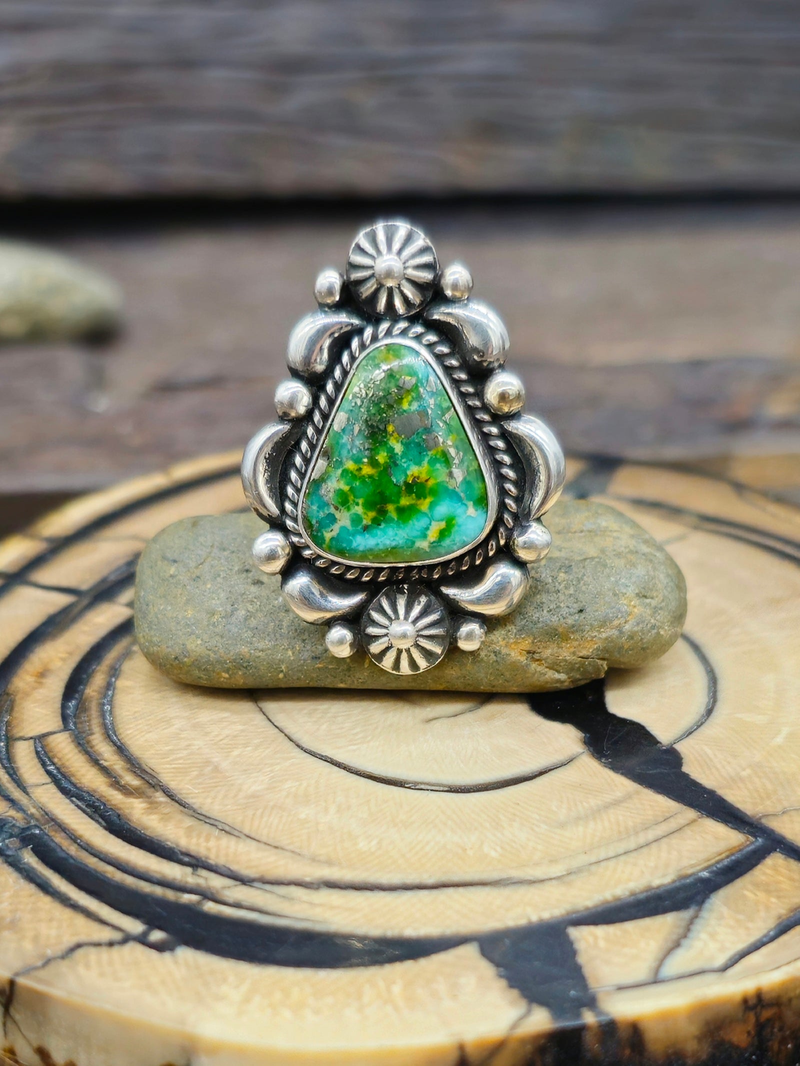 Stamped Sterling Silver and Sonoran Turquoise Ring by Albert Jake - Size 8