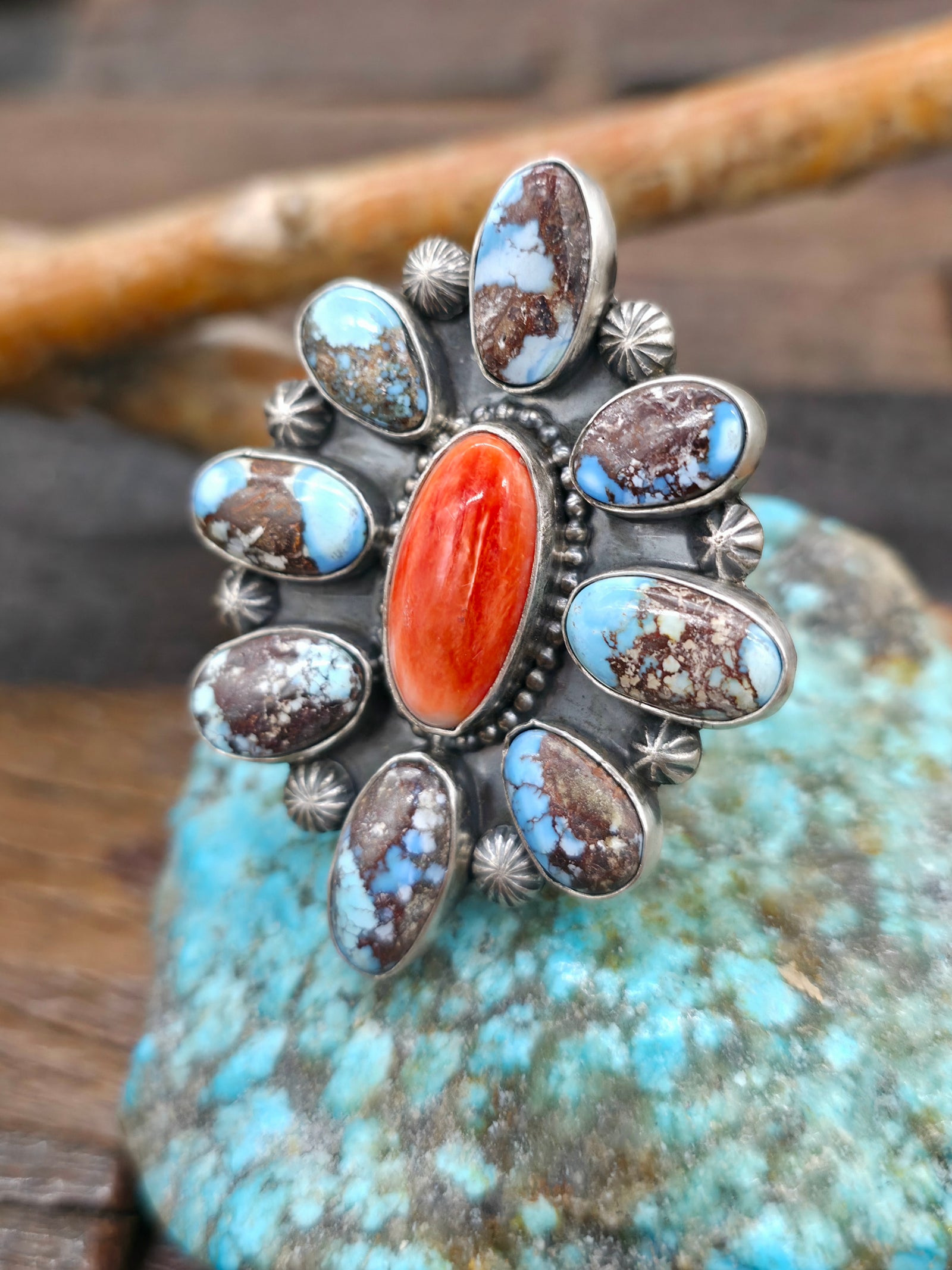 Sterling Silver Golden Hills and Spiny Oyster Cluster Ring by Etta Endito - Adjustable