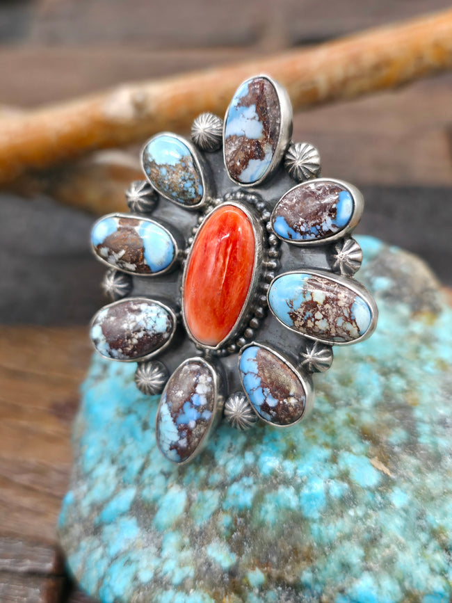 Sterling Silver Golden Hills and Spiny Oyster Cluster Ring by Etta Endito - Adjustable