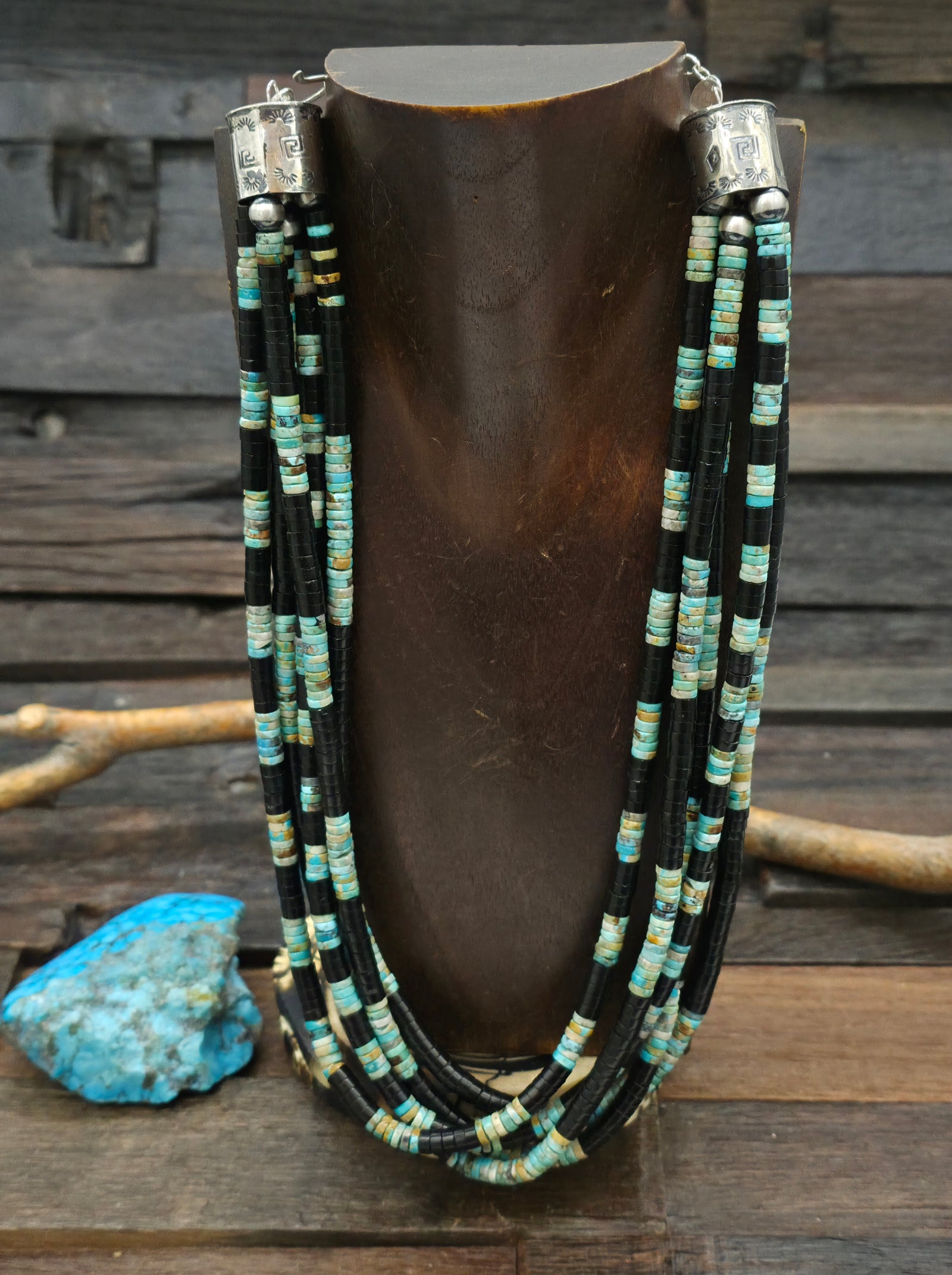4 Strand Green Turquoise and Jet Necklace 20in w/6in Extender by Fred Archuleta
