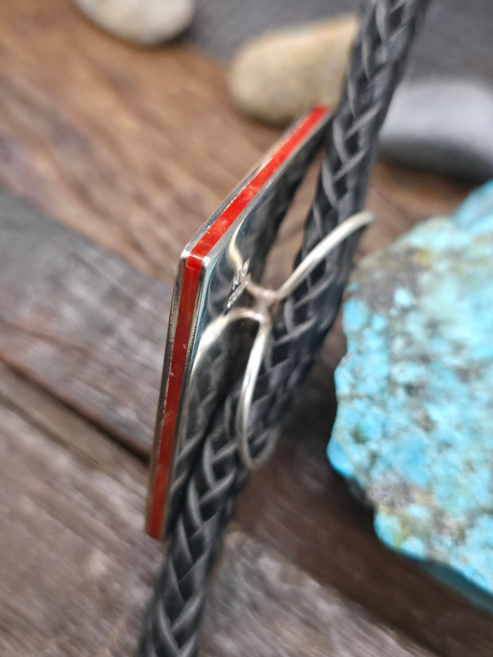 High Shine Sterling Silver Coral Inlay Bolo Tie by Michael Perry - 44 in.