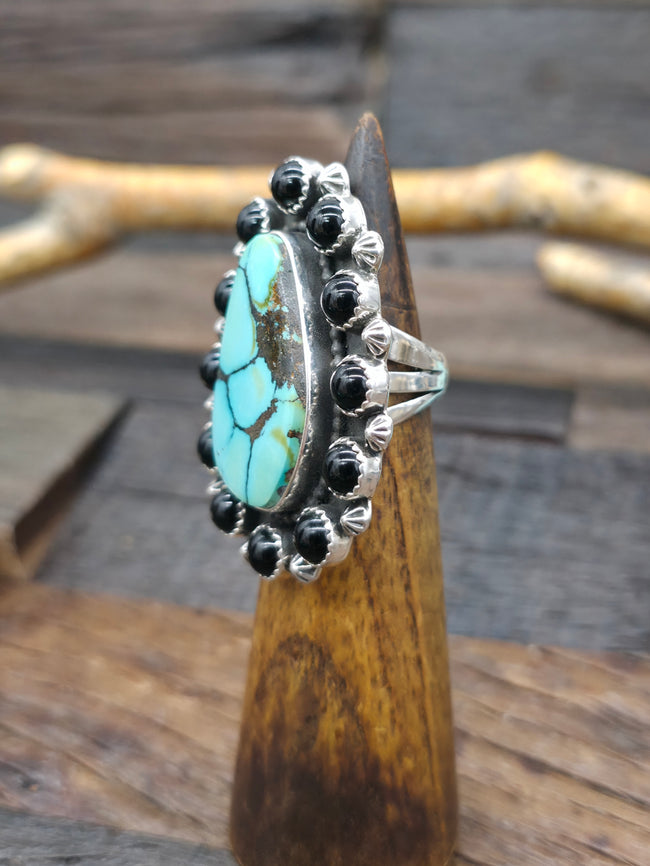 Sterling Silver Onyx and Sky Horse Turquoise Ring by Rosella Paxson - Size 8