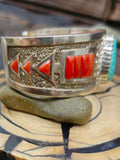 Turquoise and Coral Sterling Silver Cuff by Michael Perry - 6 1/4 in