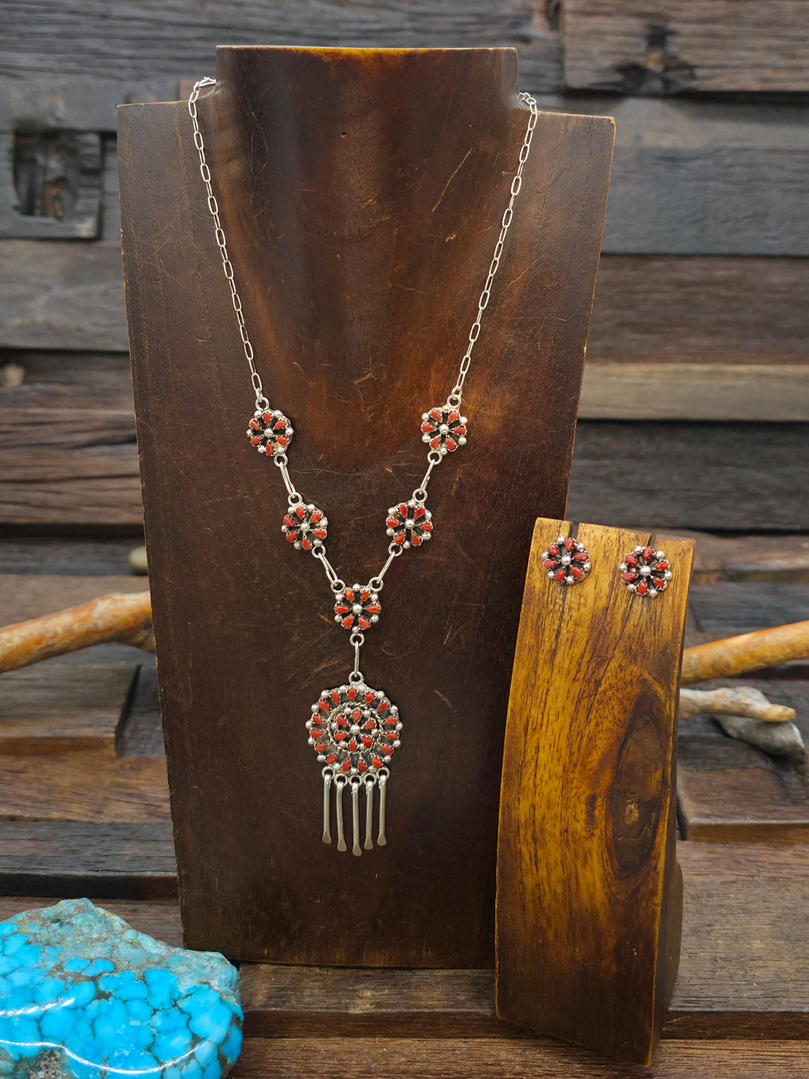 Zuni Sterling Silver and Coral Lariat Necklace and Earring Set by Tricia Leekity - 19 in. with 2 1/4 in. Drop