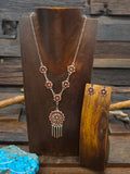Zuni Sterling Silver and Coral Lariat Necklace and Earring Set by Tricia Leekity - 19 in. with 2 1/4 in. Drop