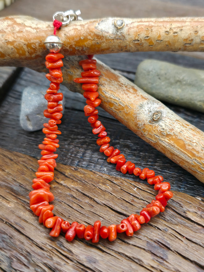 Branch Coral and Sterling Silver Bead Bracelet - 8 1/2 in