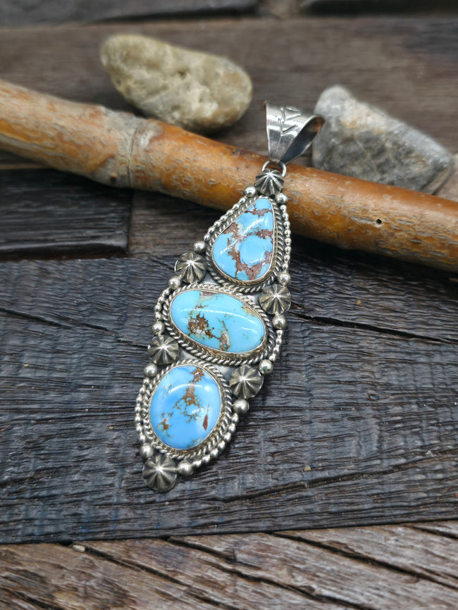 Three Stone Sterling Silver Golden Hill Turquoise Pendant by D. Wylie - 3 in. by 1 in.