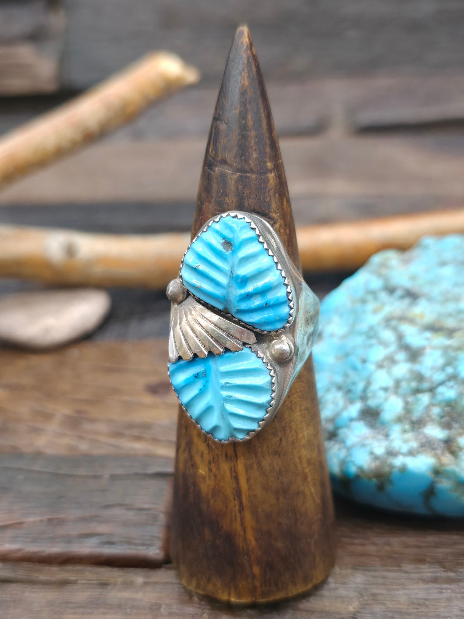 Two Stone Sterling Silver Carved Turquoise Ring by Lyolita Tsatte - Size 13