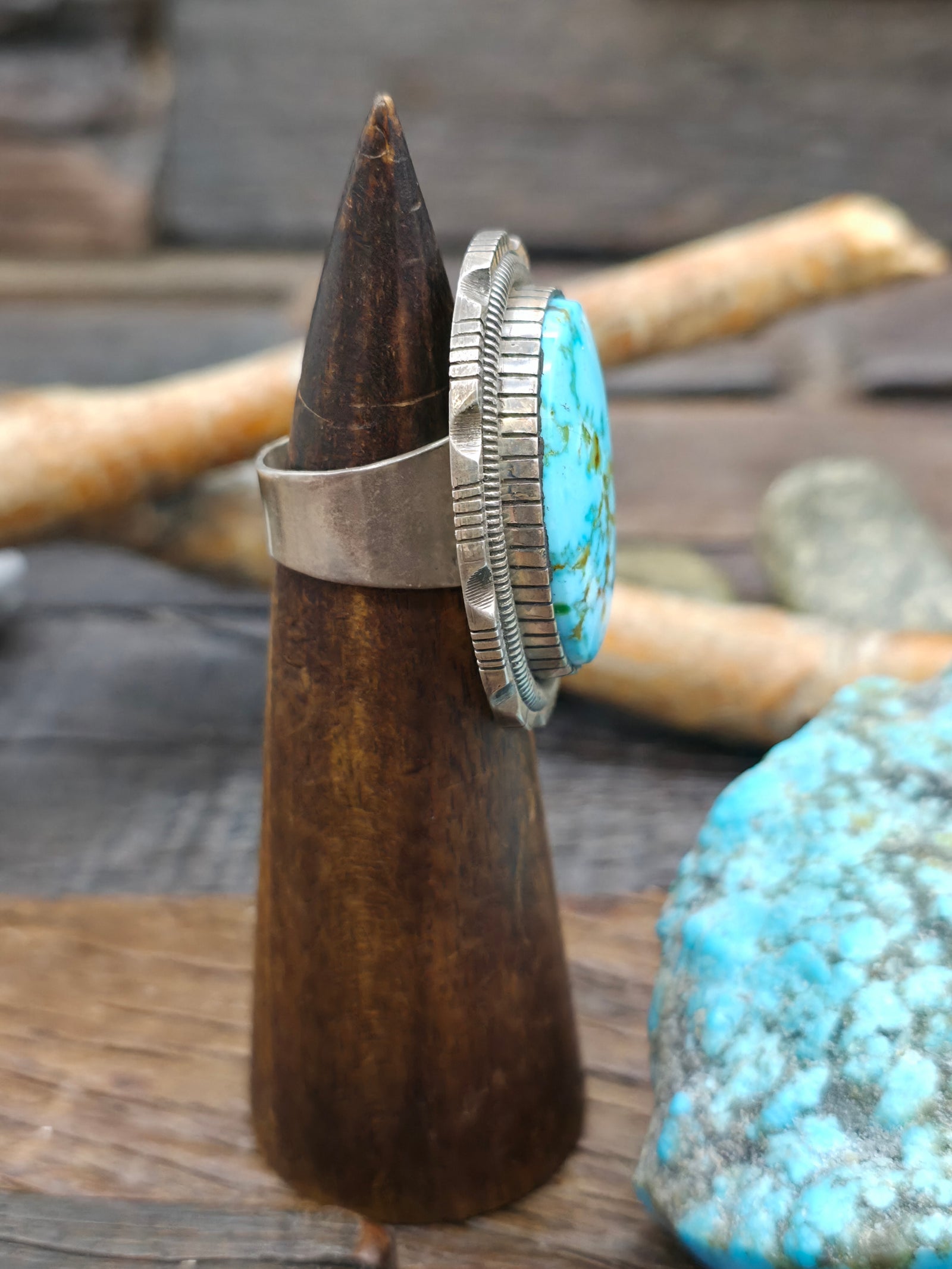 Sterling Silver and Kingman Turquoise Oval Ring by Walter Vandever - Size 8 1/2