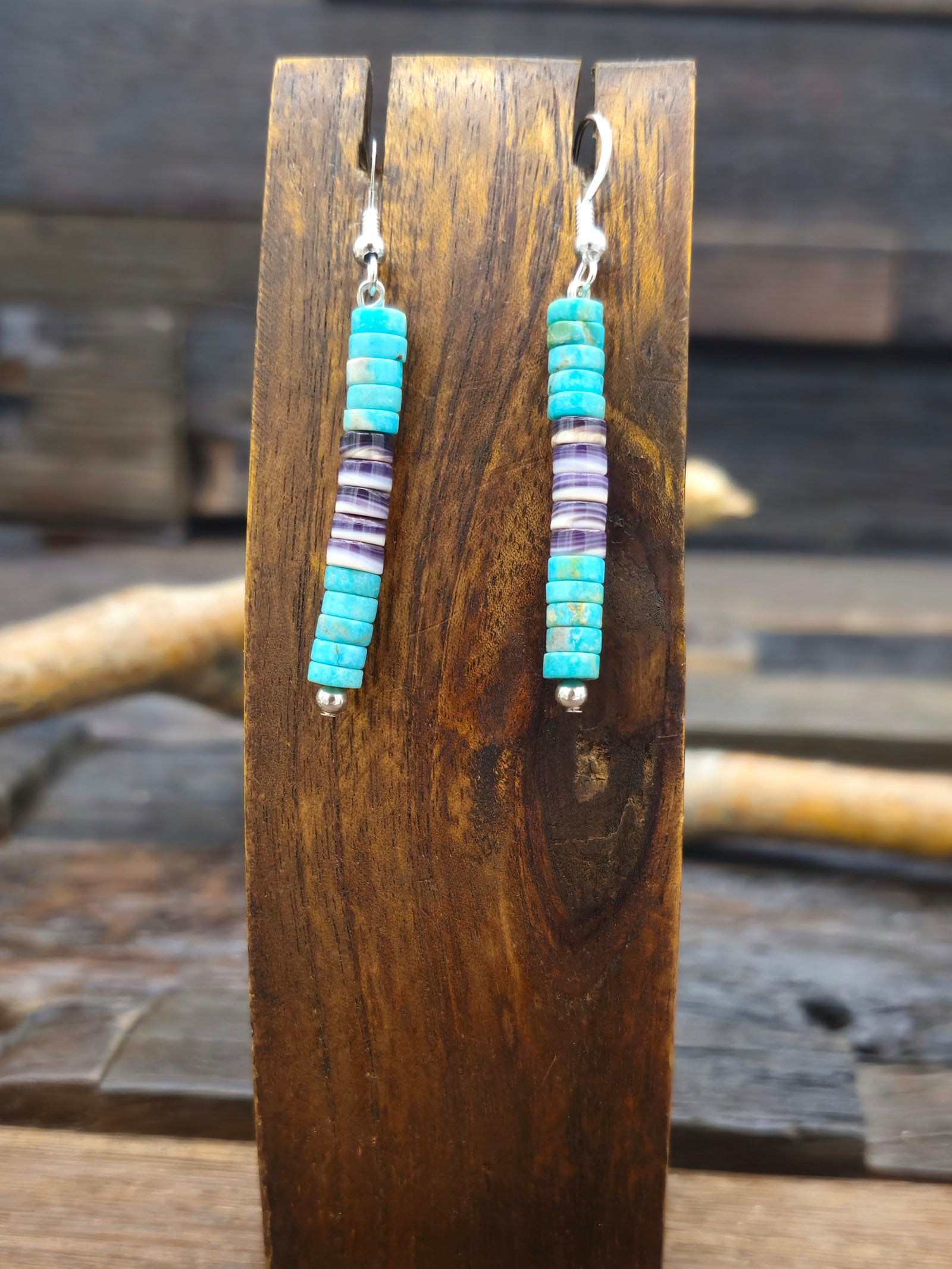 Turquoise and Wampum Stone Bead Dangle Earrings by Fred Archuleta