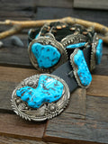 Sterling Silver Leaf Applique and Sleeping Beauty Turquoise Nugget Concho Belt by Ben Begaye - 54 in.