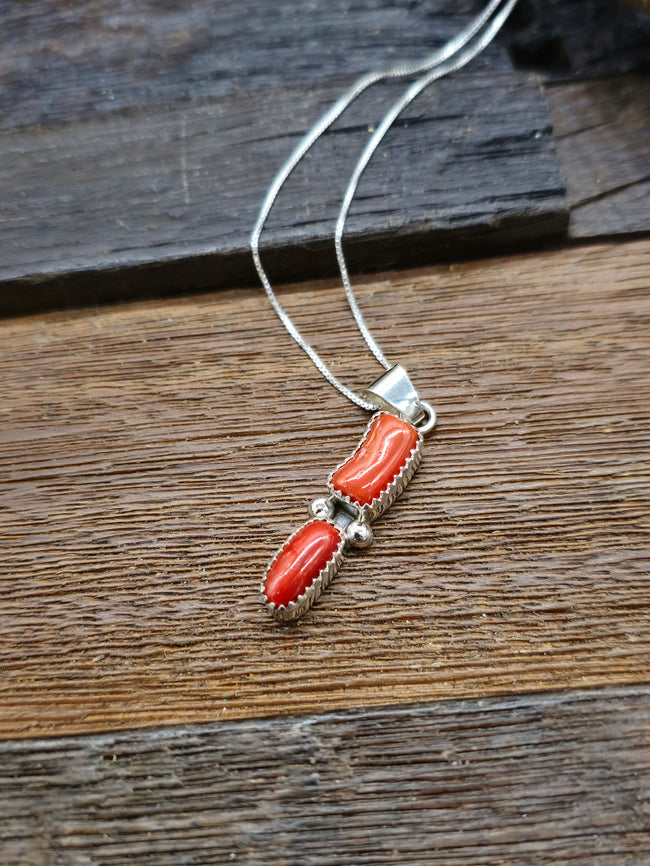 Two Stone Coral Pendant on 18 in. Sterling Silver Chain - Stones Will Vary
