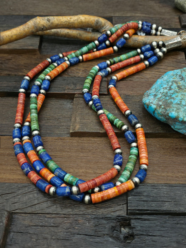 Three Strand Sterling Silver, Turquoise, Apple Coral, and Lapis Necklace by Fred Archuleta - 28 in.
