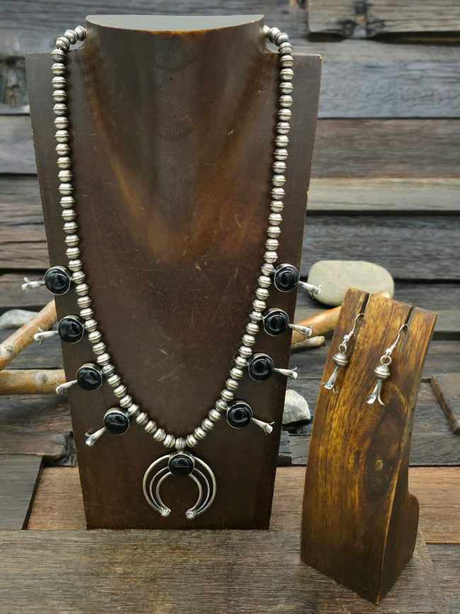 Sterling Silver and Onyx Squash Blossom Necklace and Earring Set by Phil Garcia - 20 in.