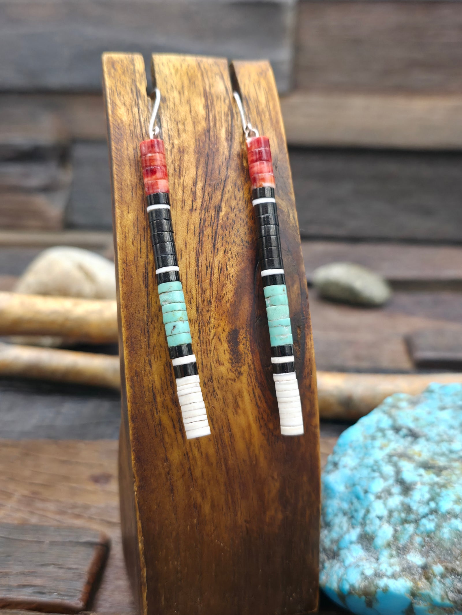 Turquoise, Jet, and Shell Heishi Earrings by Torevia Crespin